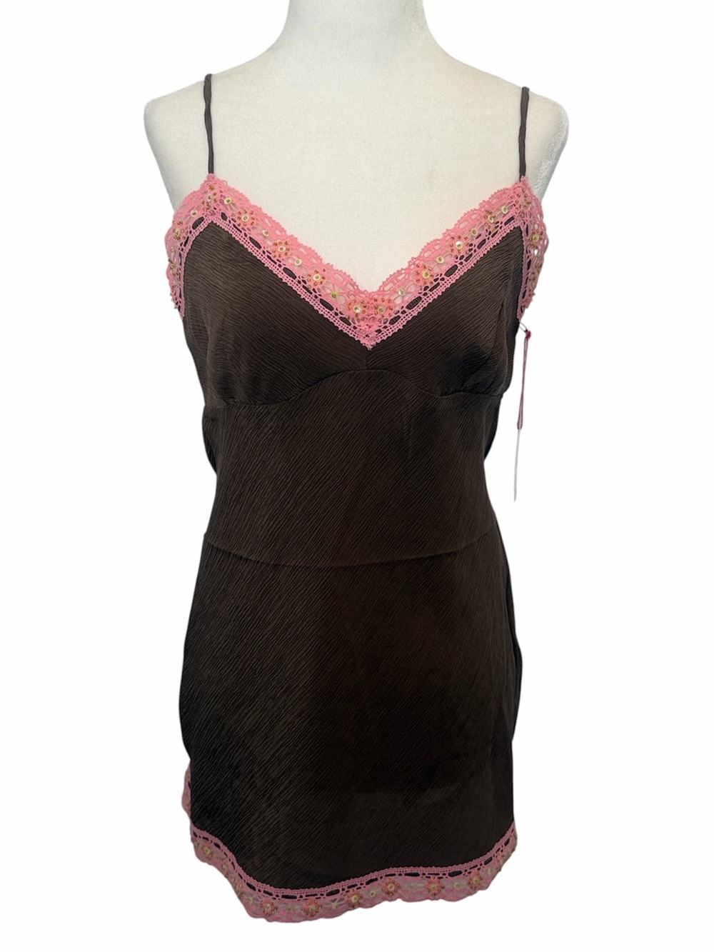 New Gold Hawk Crème Silk Camisole Tank Top Embellished Tawny Brown/Pink Small